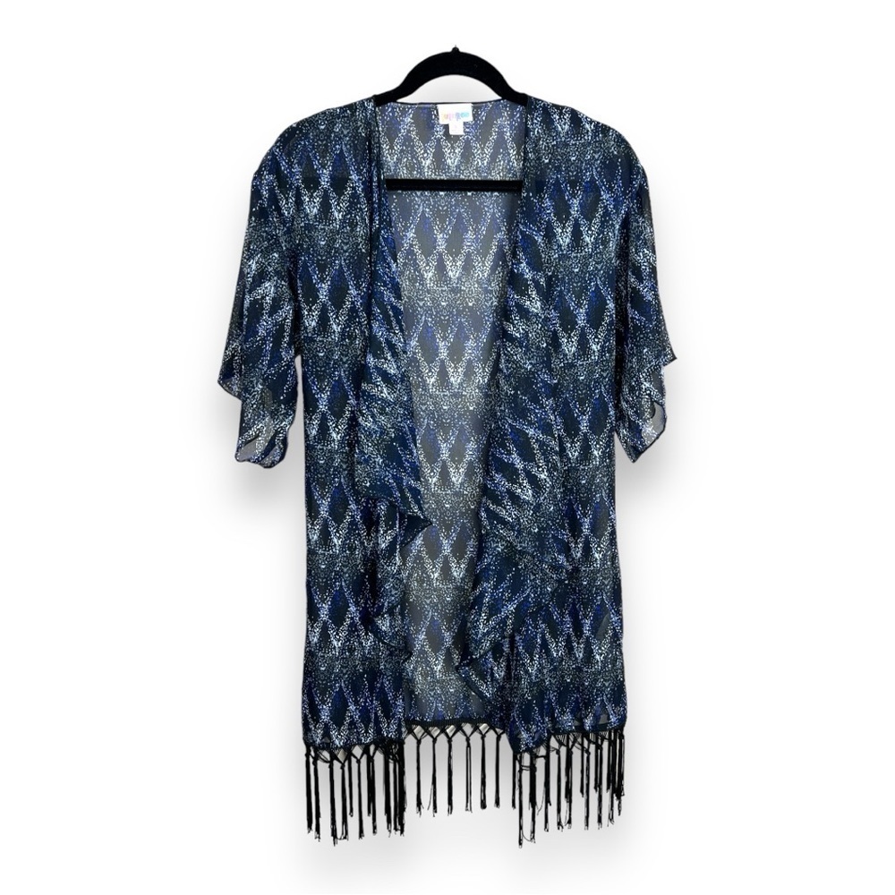 NEW SMALL LULAROE BLUE WHITE SHRUG SHAWL FRINGE ACCENT BOHEMIAN BOHO KIMONO